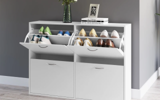 White shoe cabinet with multiple compartments in modern hallway