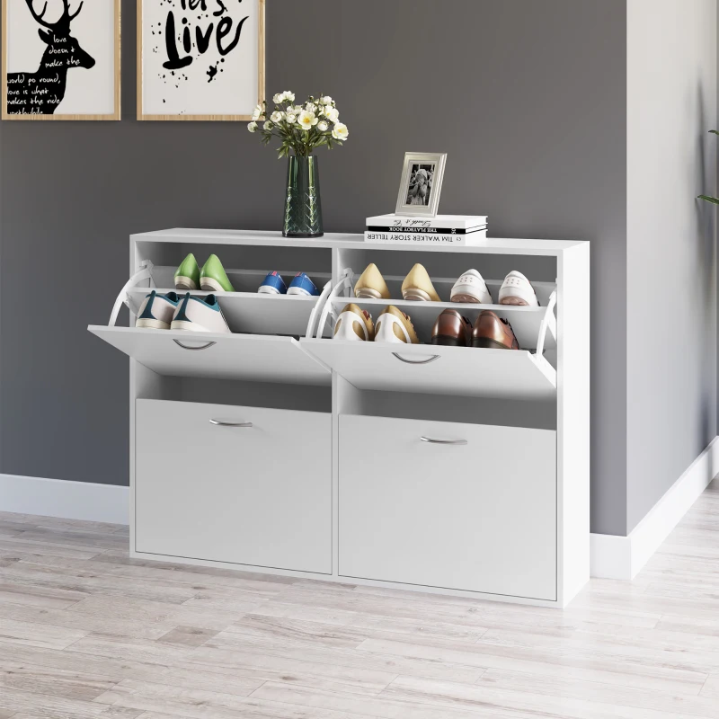 White shoe cabinet with multiple compartments in modern hallway