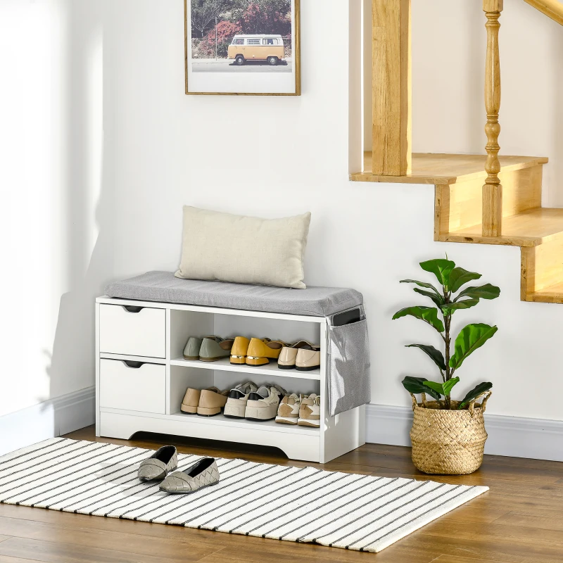 White shoe bench with cushion and drawers under staircase