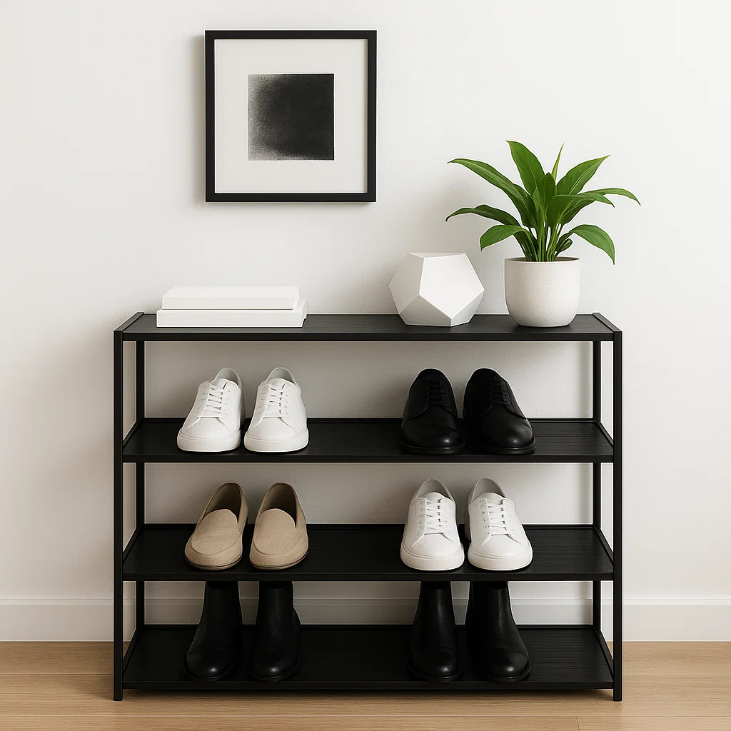 Black minimalist shoe rack with shoes and green plant on top