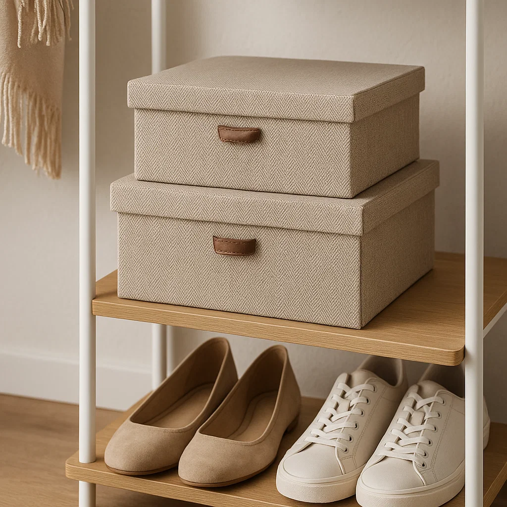 Shoe rack with shoes and beige storage boxes on top shelf
