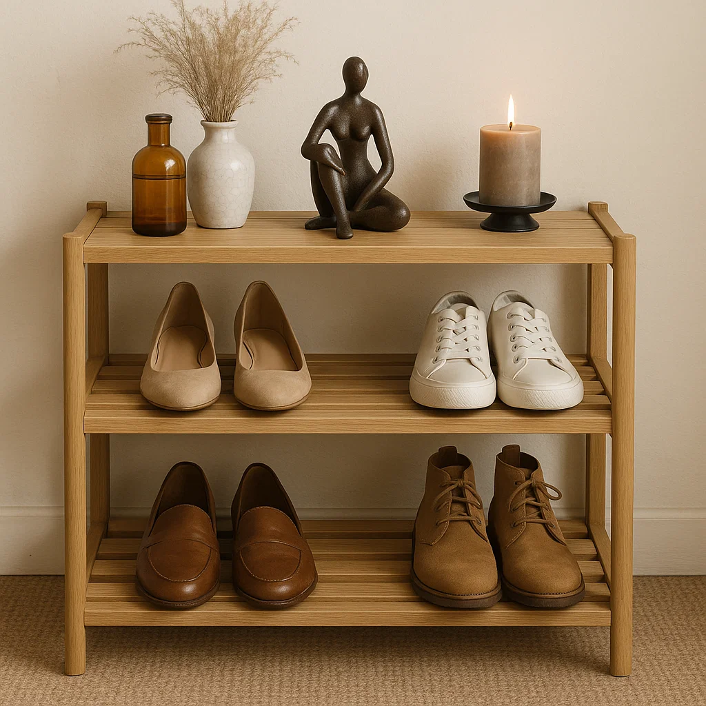 Wooden shoe rack decorated with vase, candle, and sculpture