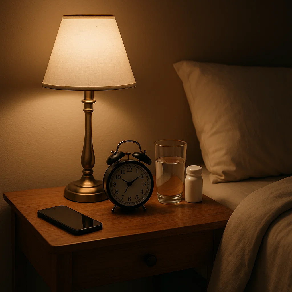 Bedside table with lamp, alarm clock, water glass, phone, and medicine bottle.
