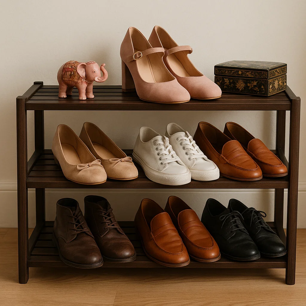 Wooden shoe rack with shoes and decorative elephant figurine