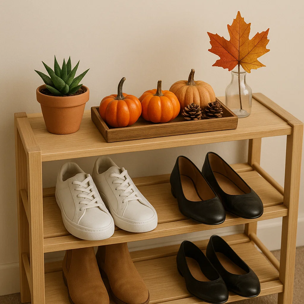 Wooden shoe rack decorated with pumpkins and autumn leaves