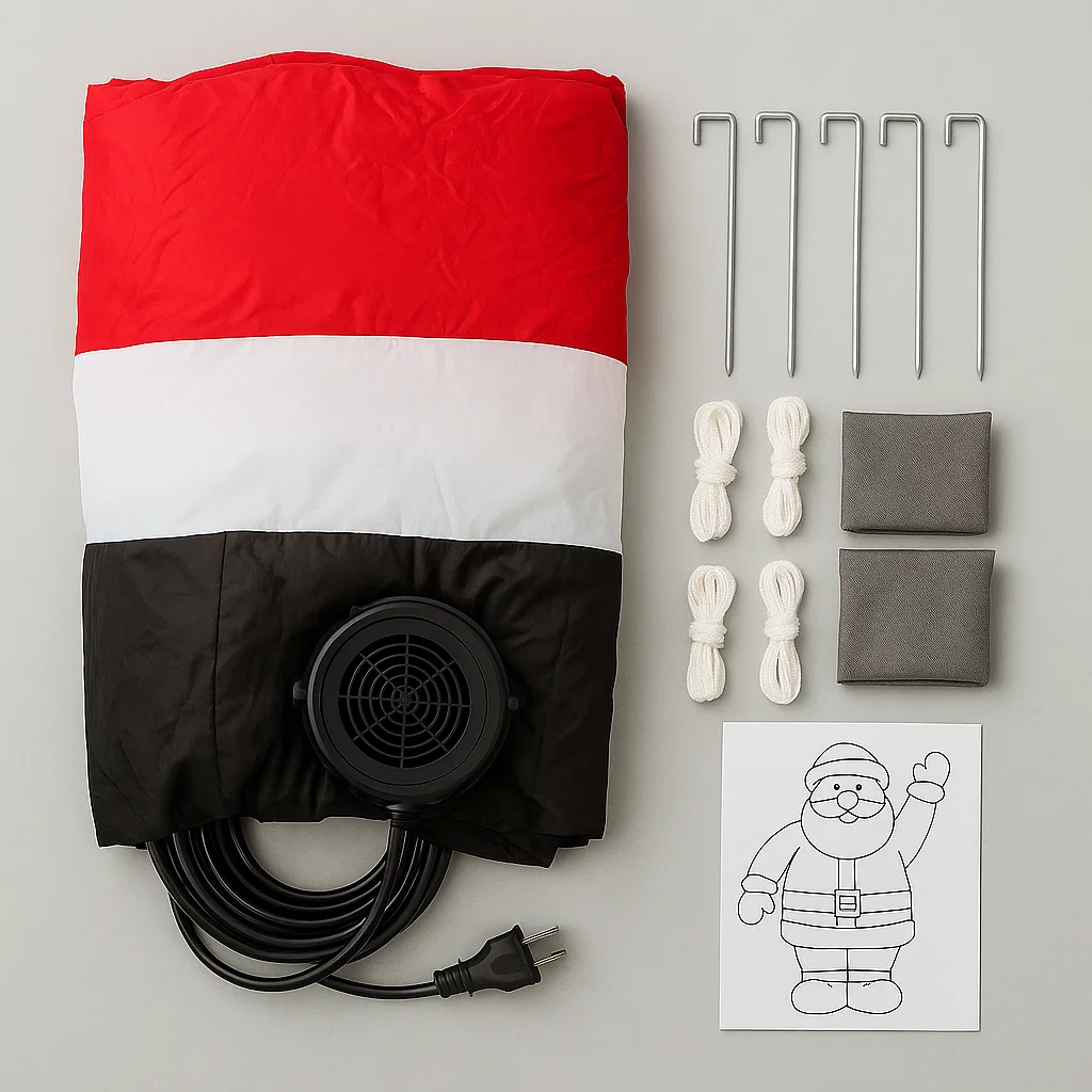 Unpacked Santa inflatable with stakes, ropes, and instruction sheet