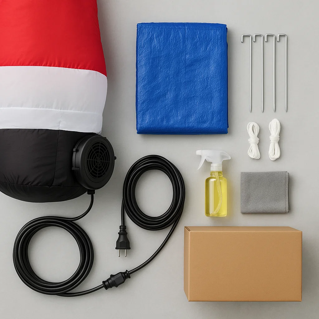 Inflatable blower, cords, tarp, stakes, and cleaning supplies