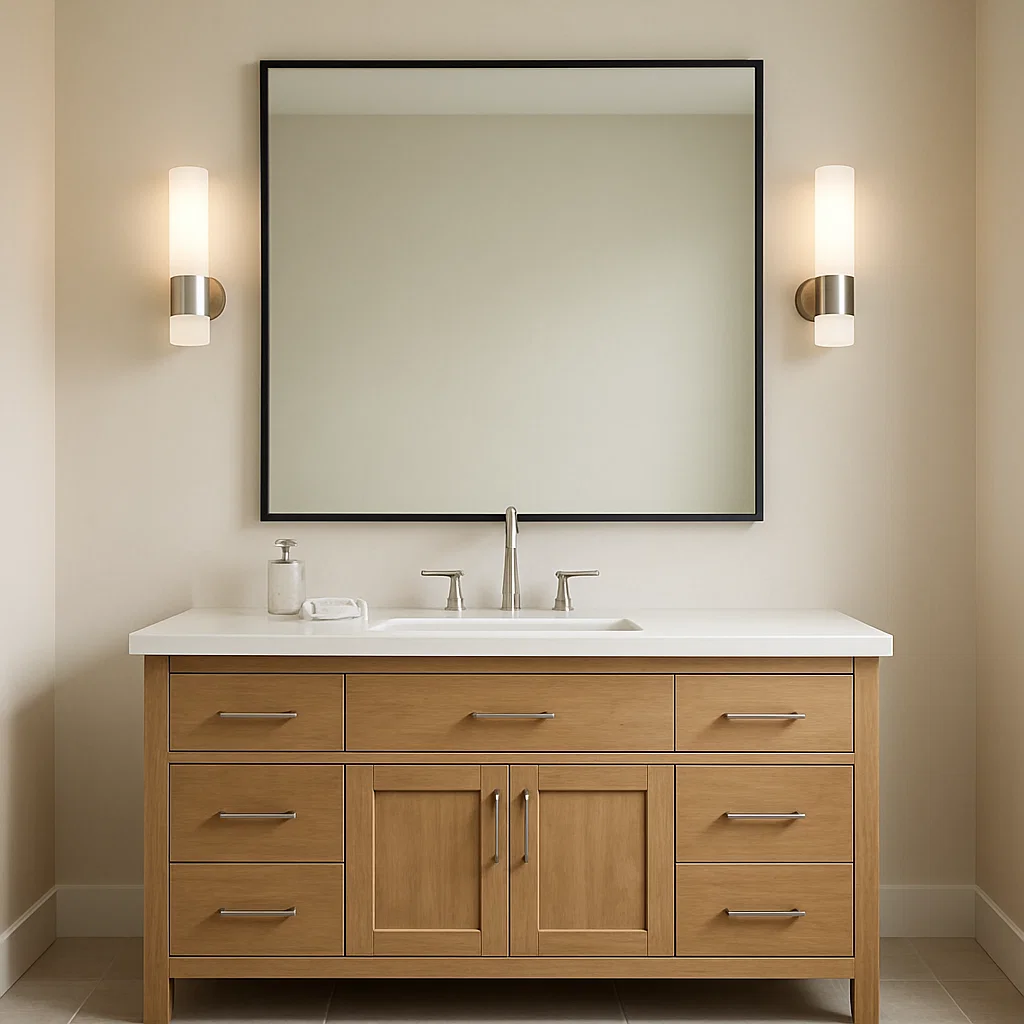 Large rectangular bathroom mirror with black frame above spacious wooden vanity.