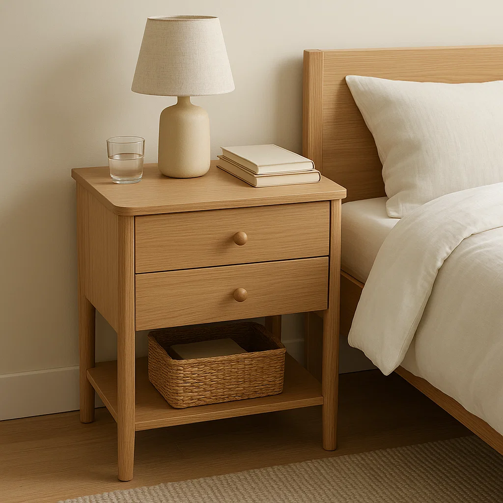 Wooden bedside table with lamp, books, and storage basket on bottom shelf.