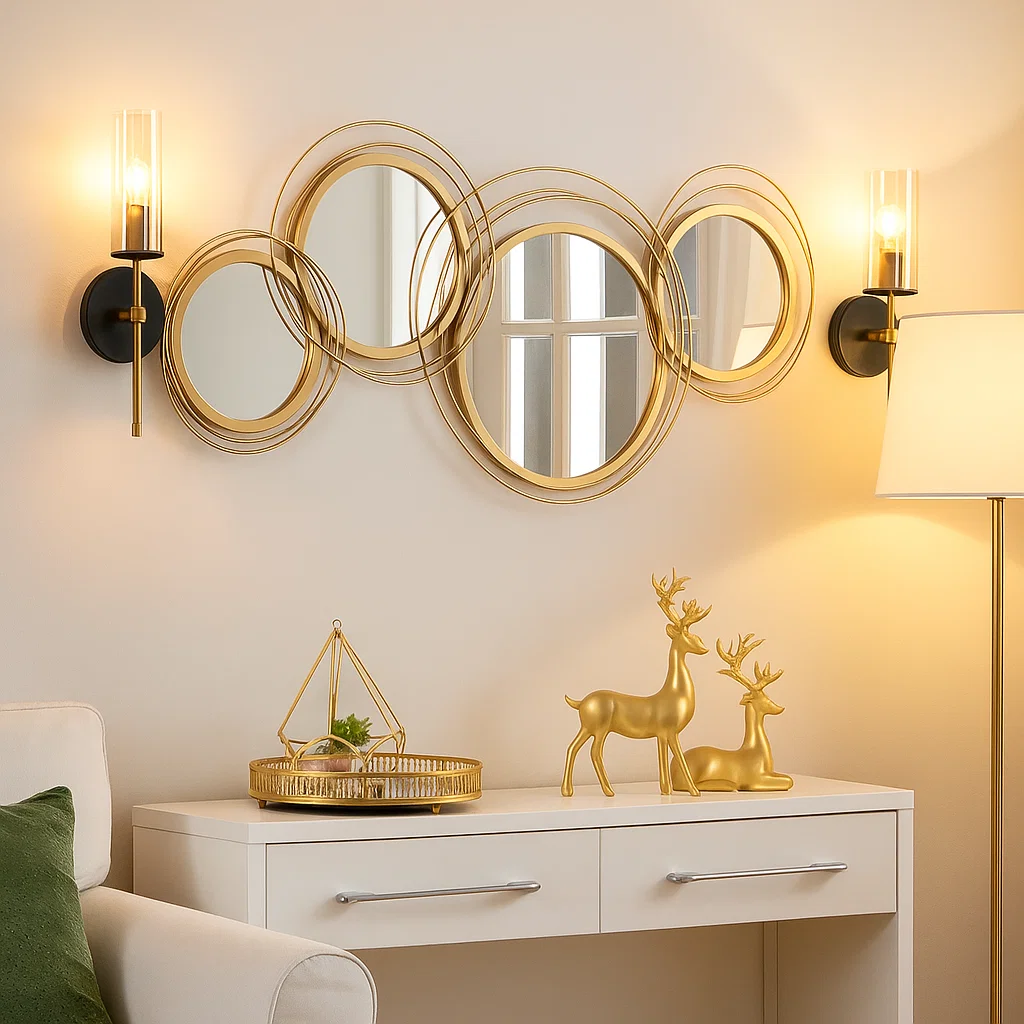 Gold metal wall art mirror with console and golden reindeer