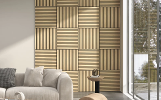 Modern living room with stylish wood panel accent wall.