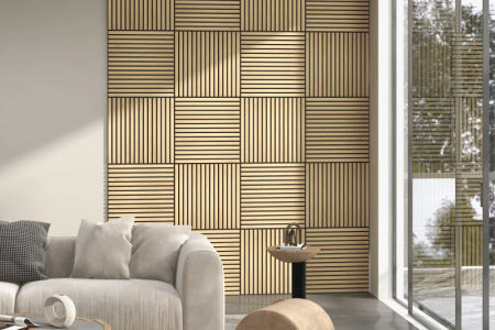 Modern living room with stylish wood panel accent wall.