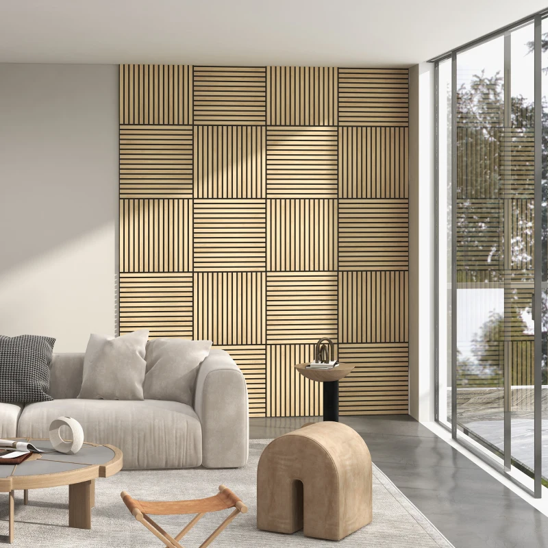 Modern living room with stylish wood panel accent wall.