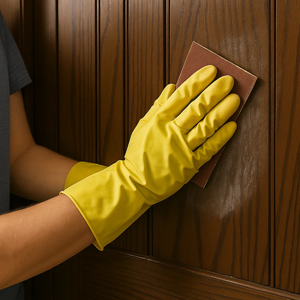 Person sanding wood panel surface with fine grit sanding block.