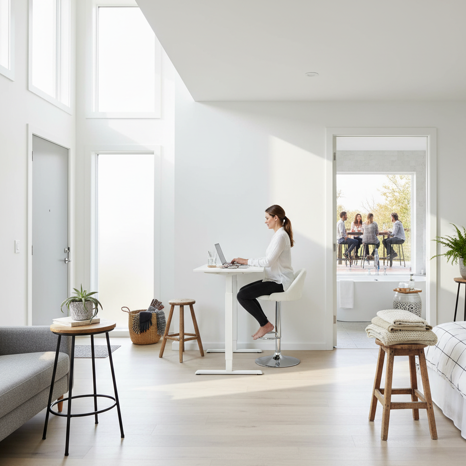 Woman working on laptop at tall white desk in bright home office.