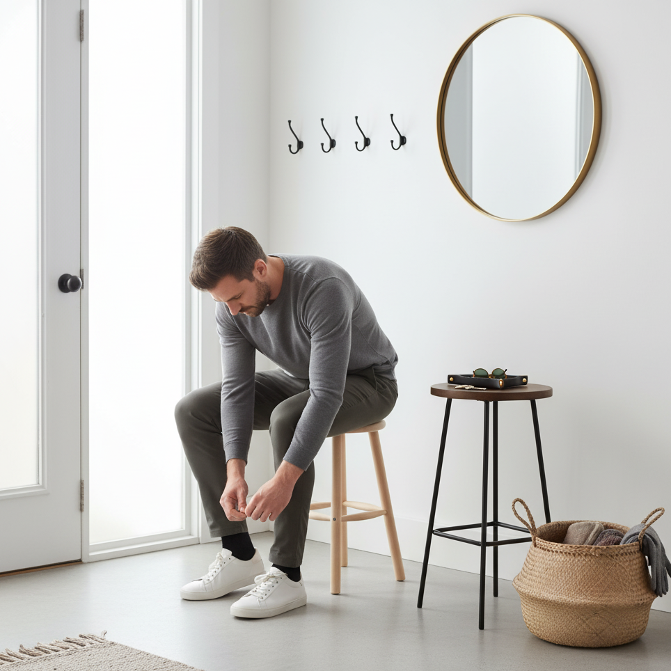 Man tying shoes while sitting on wooden stool in entryway.