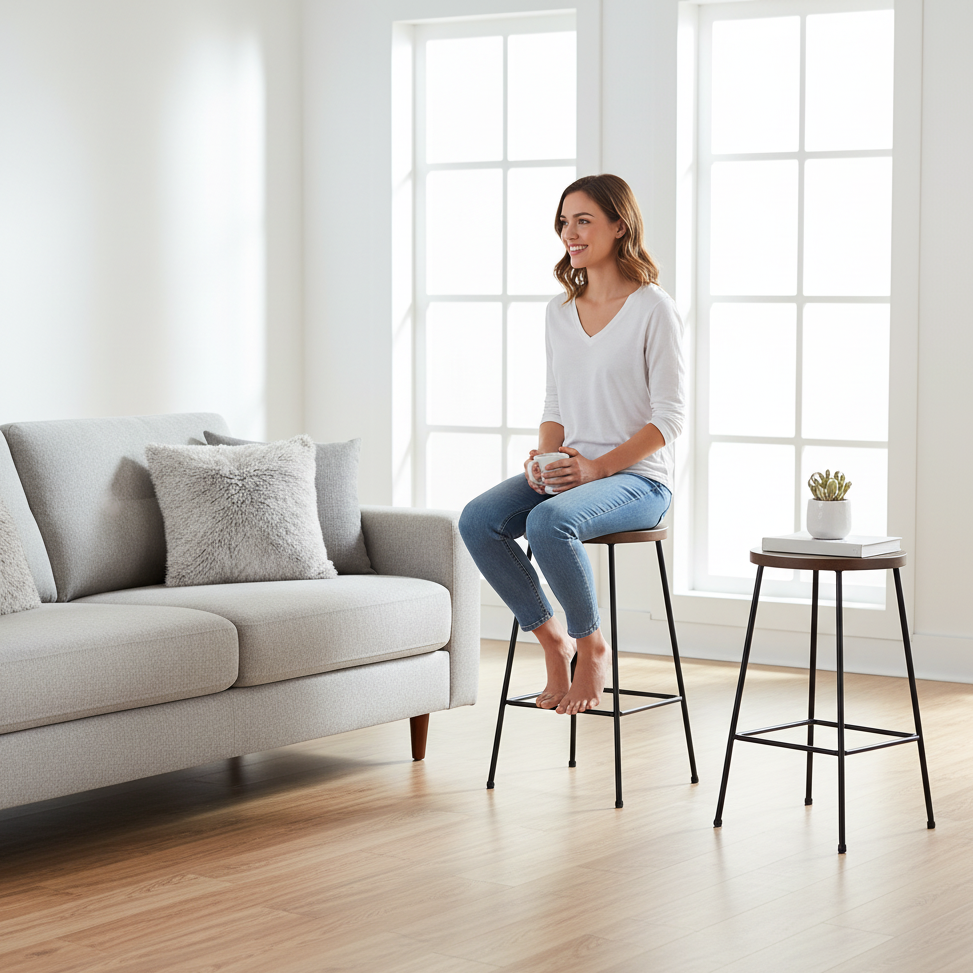 Woman sitting on bar stool with coffee in bright living room.