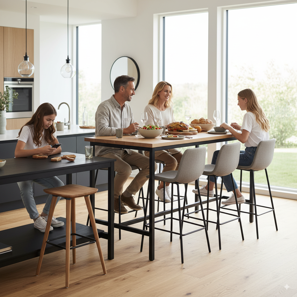 Family eating together at modern dining table with bar stools.