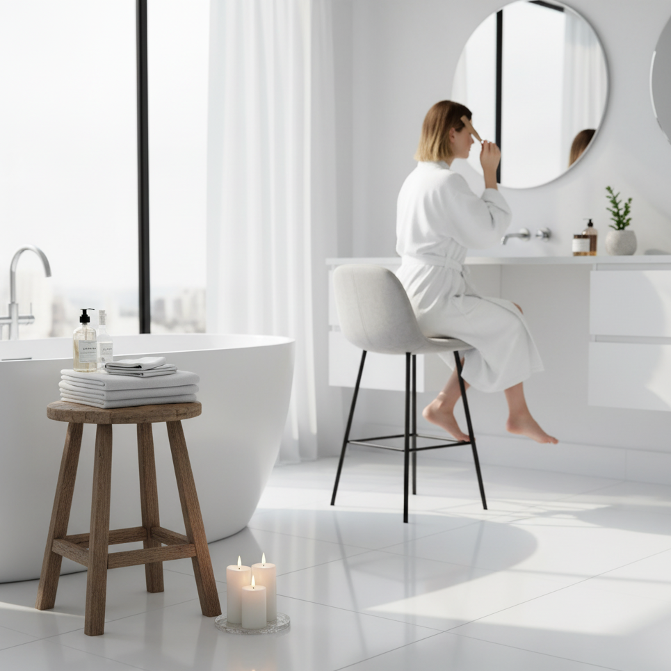Woman applying makeup at vanity stool in bright white bathroom.