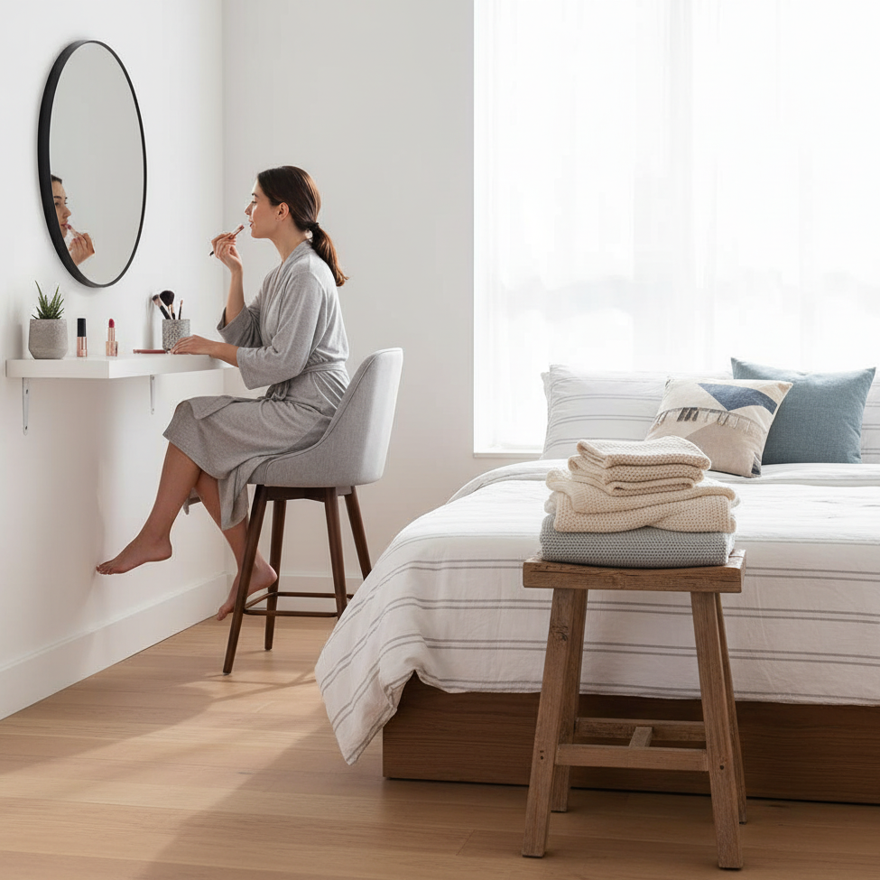 Woman in robe applying makeup at vanity desk in bedroom.