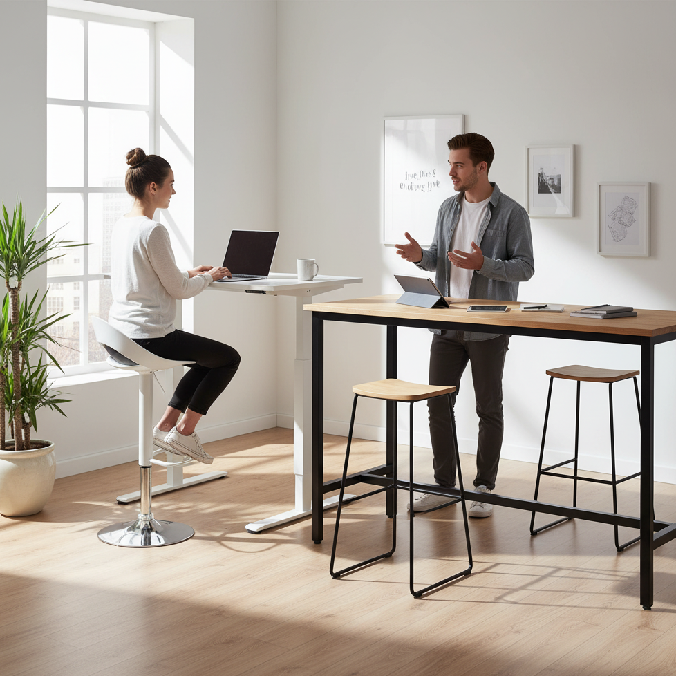 Two people working at standing desks with modern bar stools.