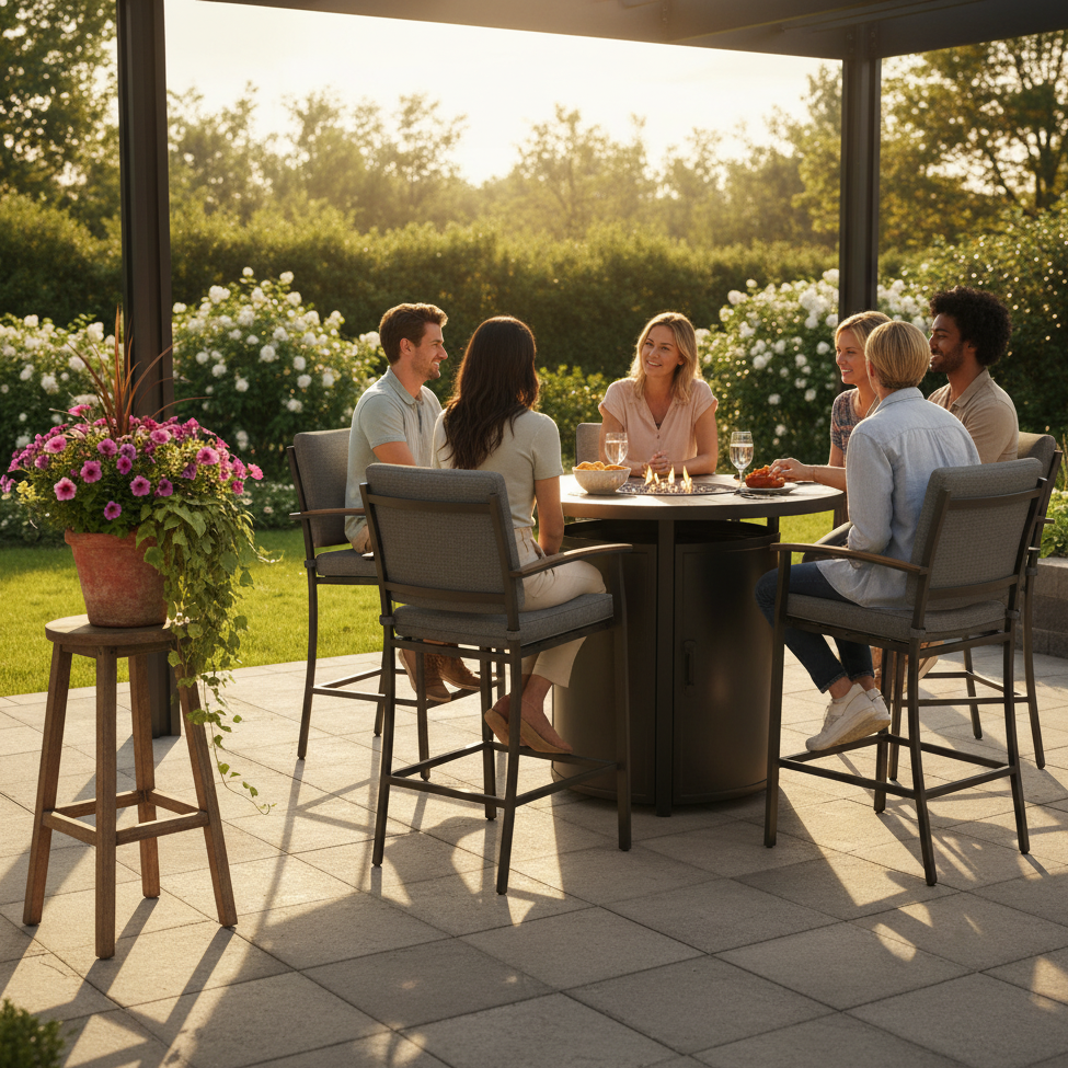 Group of friends chatting at outdoor patio table with bar stools.