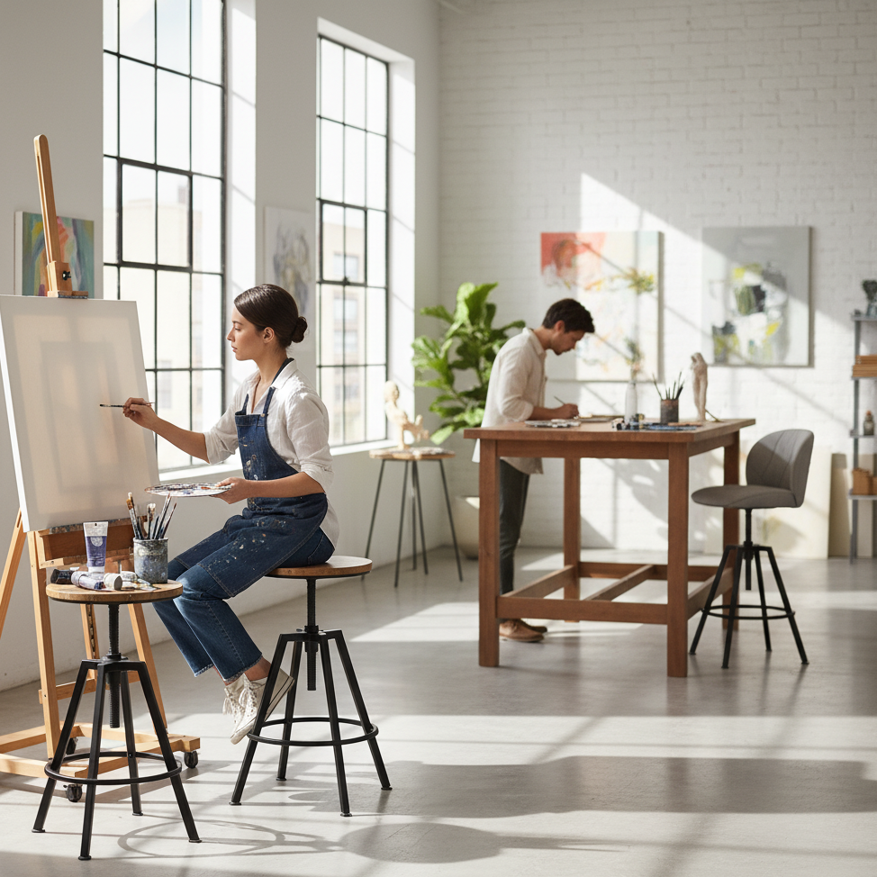 Woman painting on easel while seated on adjustable studio stool.