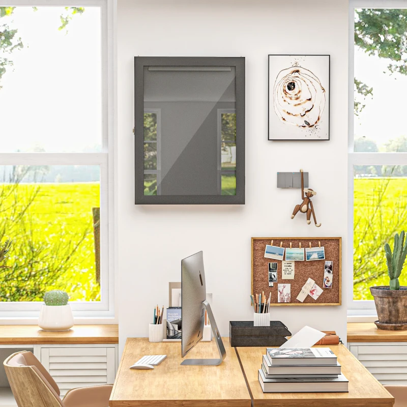 Modern home office wall with empty shadow box above desk.