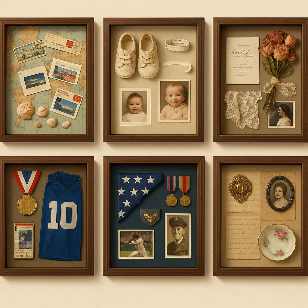 Multiple shadow boxes showing baby keepsakes, medals, maps, and heirlooms.