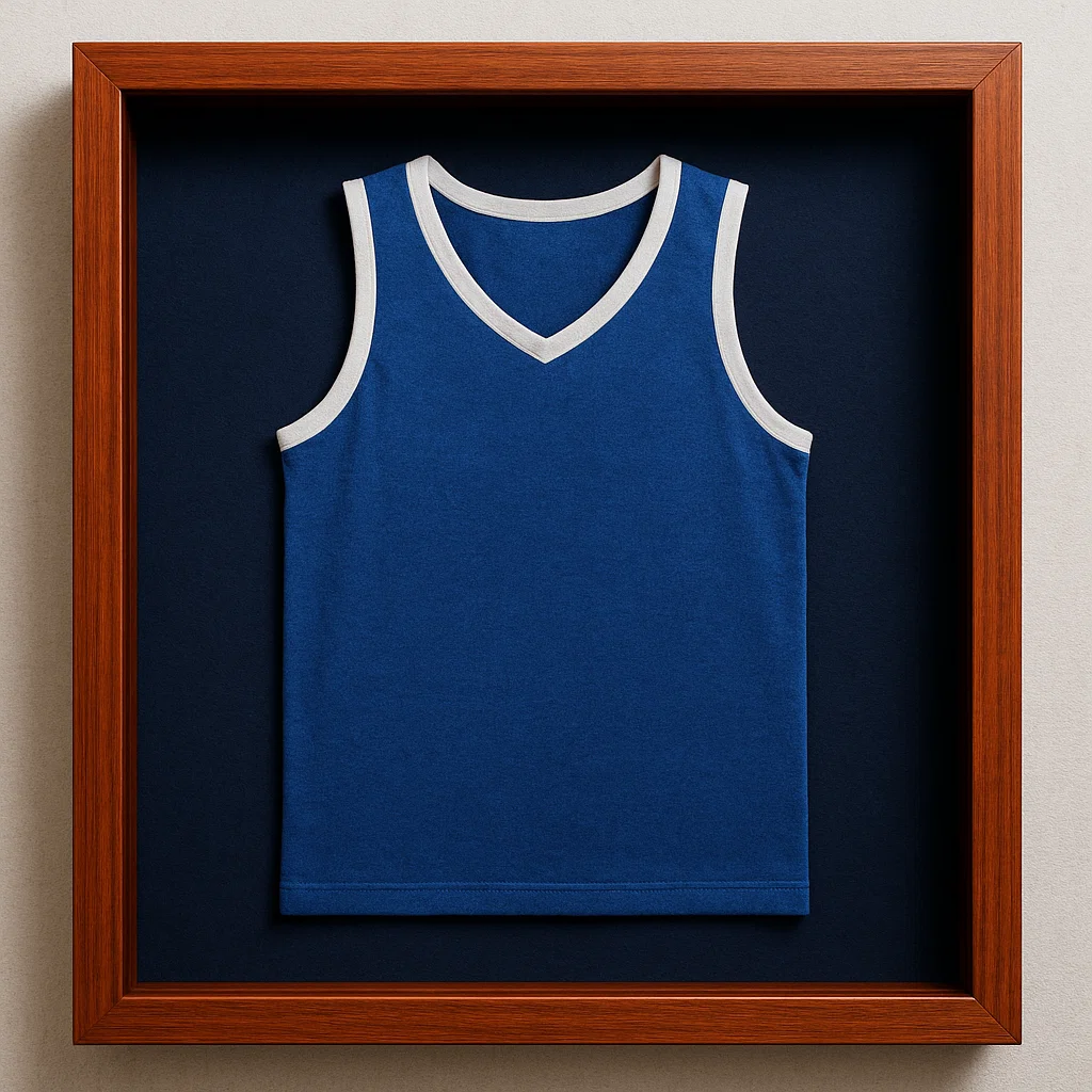 Blue sleeveless jersey centred in a wooden shadow box with dark background.