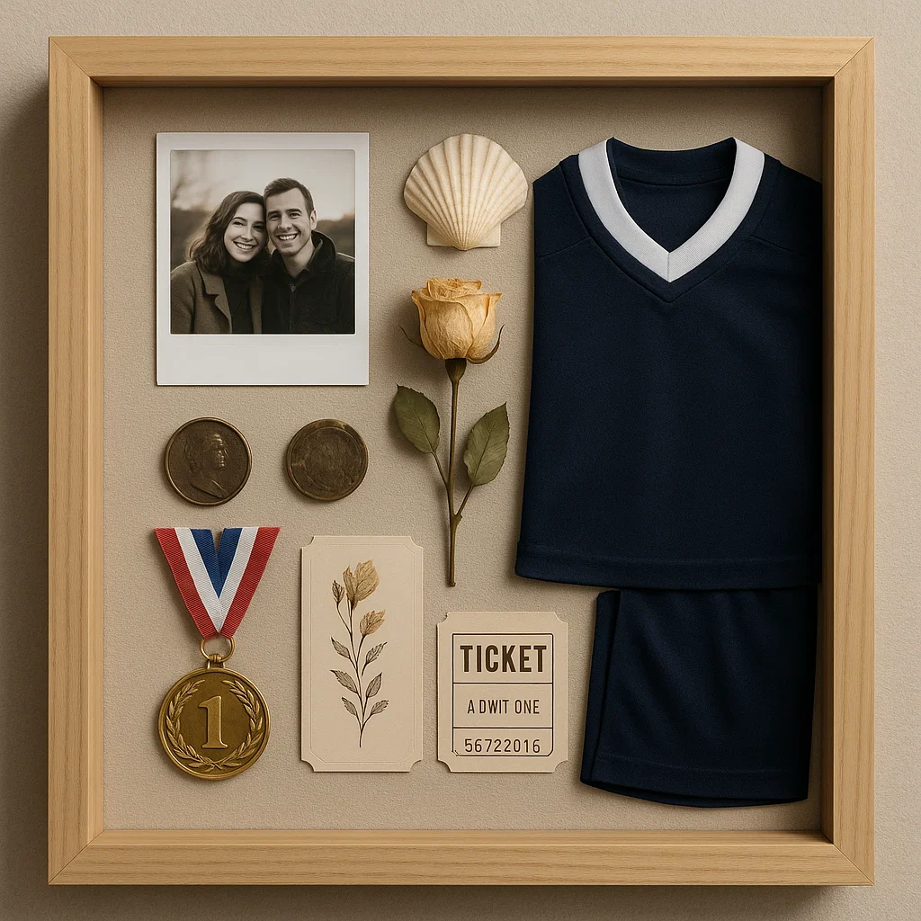 Shadow box with jersey, medal, ticket, shell, and photograph.