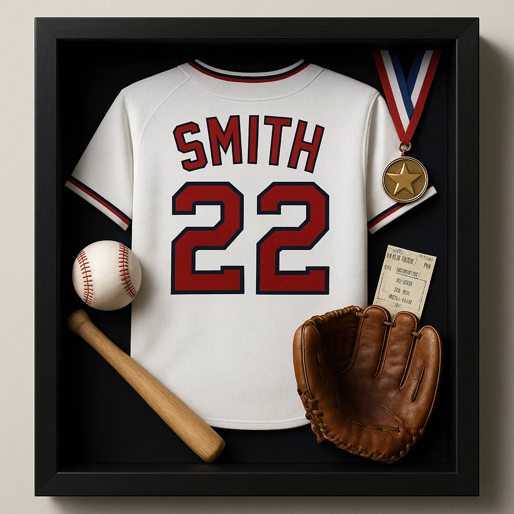 Baseball jersey shadow box with glove, bat, medal, and ball.