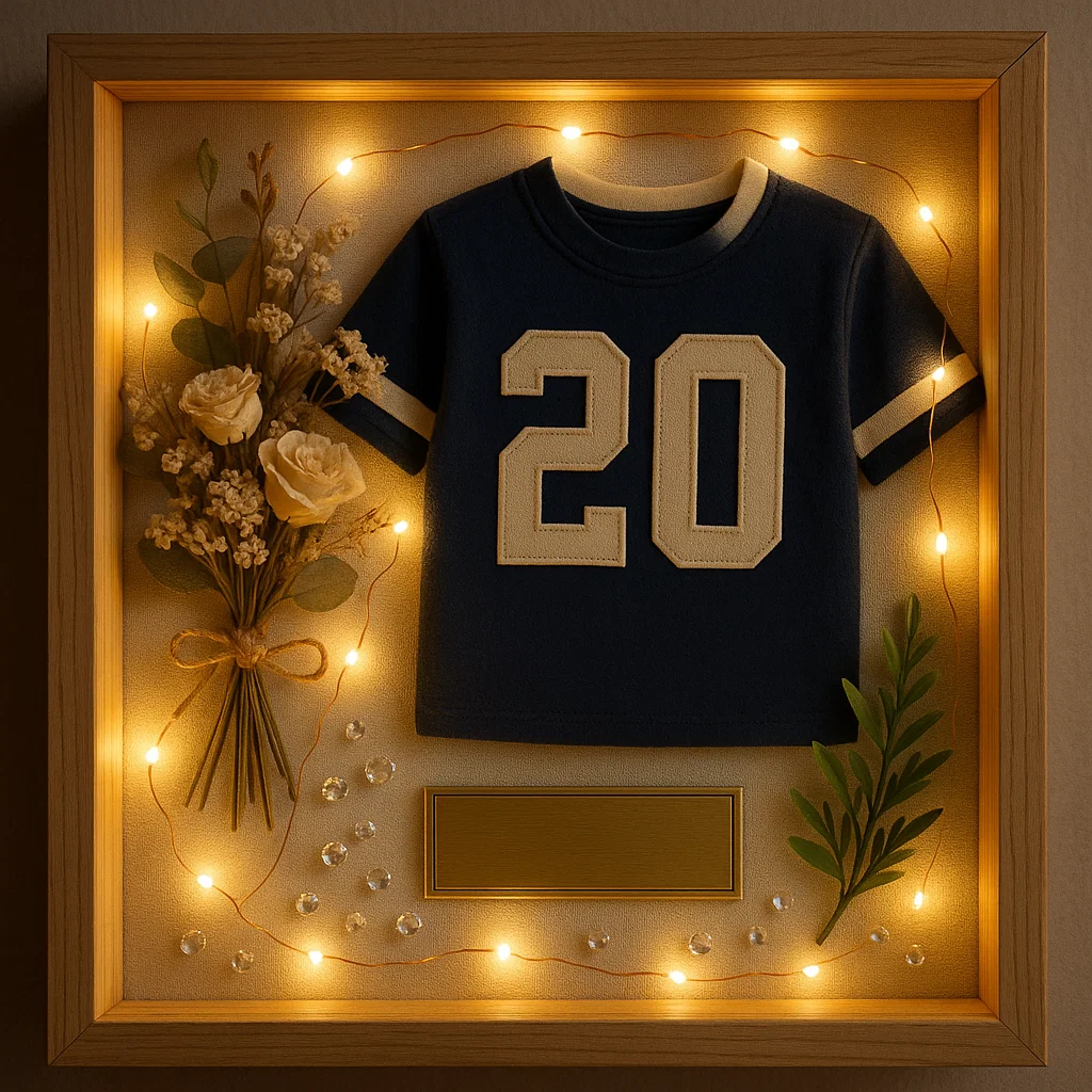 Shadow box jersey display with flowers, greenery, lights, and decorative details.