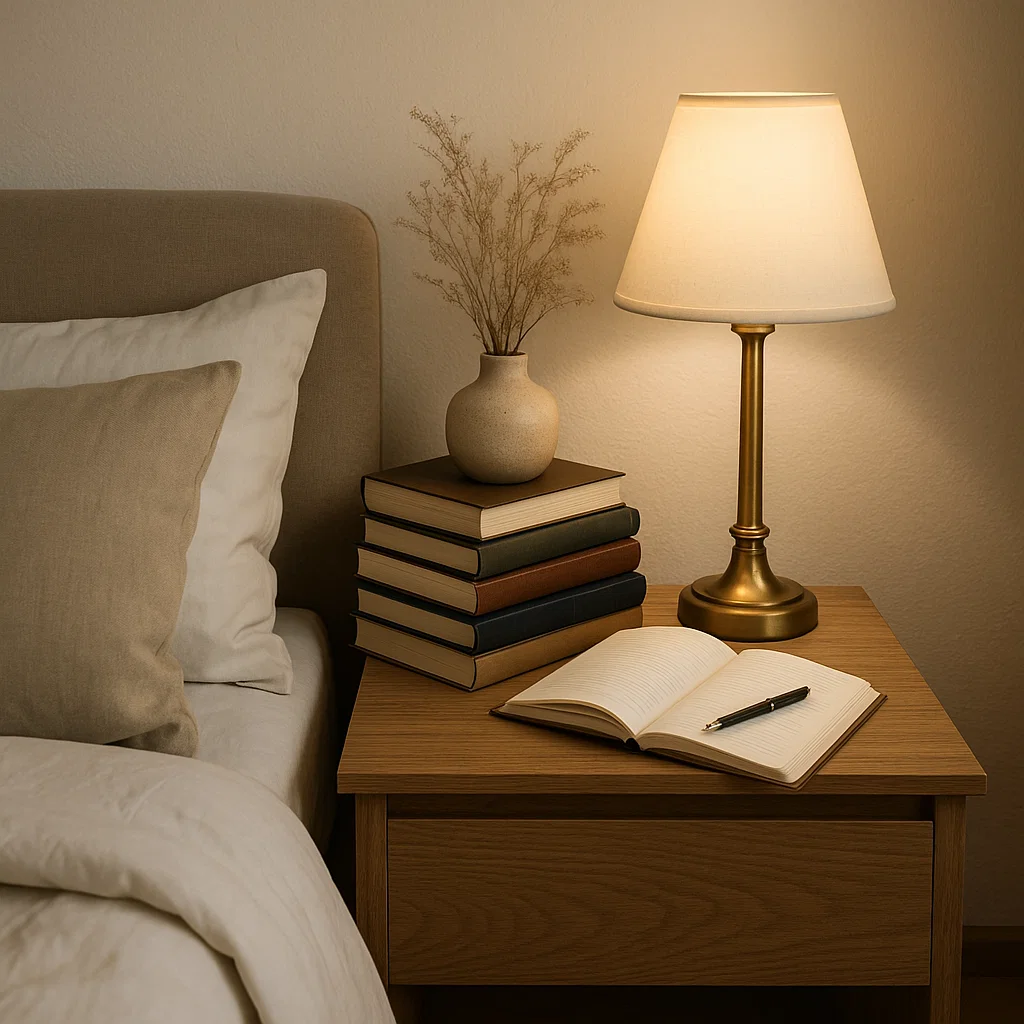 Stack of books, open journal, and lamp on wooden bedside table.