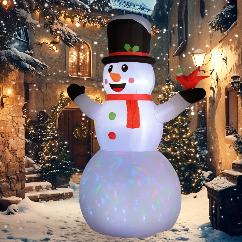 Large inflatable snowman with top hat and red scarf in snowy courtyard.