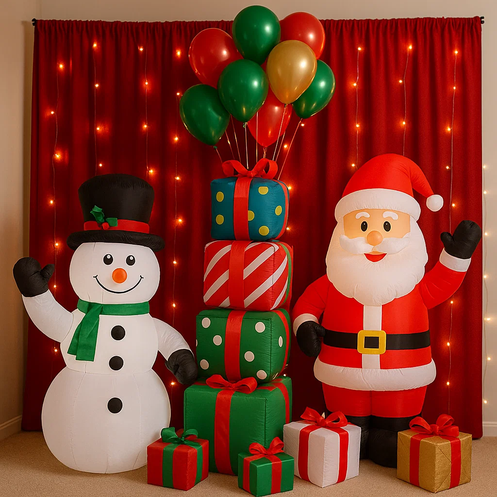 Inflatable Santa, elf, penguin, reindeer, and Christmas tree lit up outside.