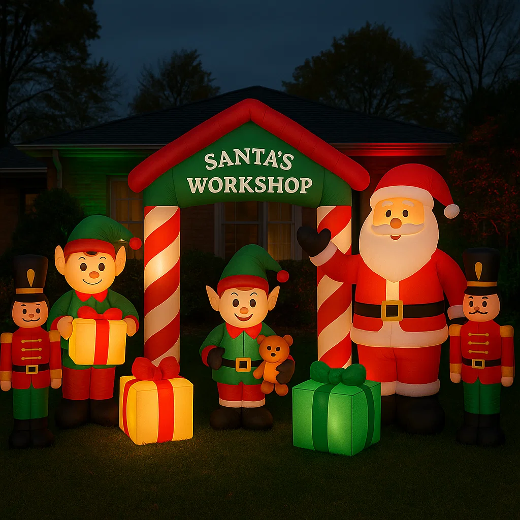 Inflatable Santa with elves, toy soldiers, and gifts at Santa’s workshop display.