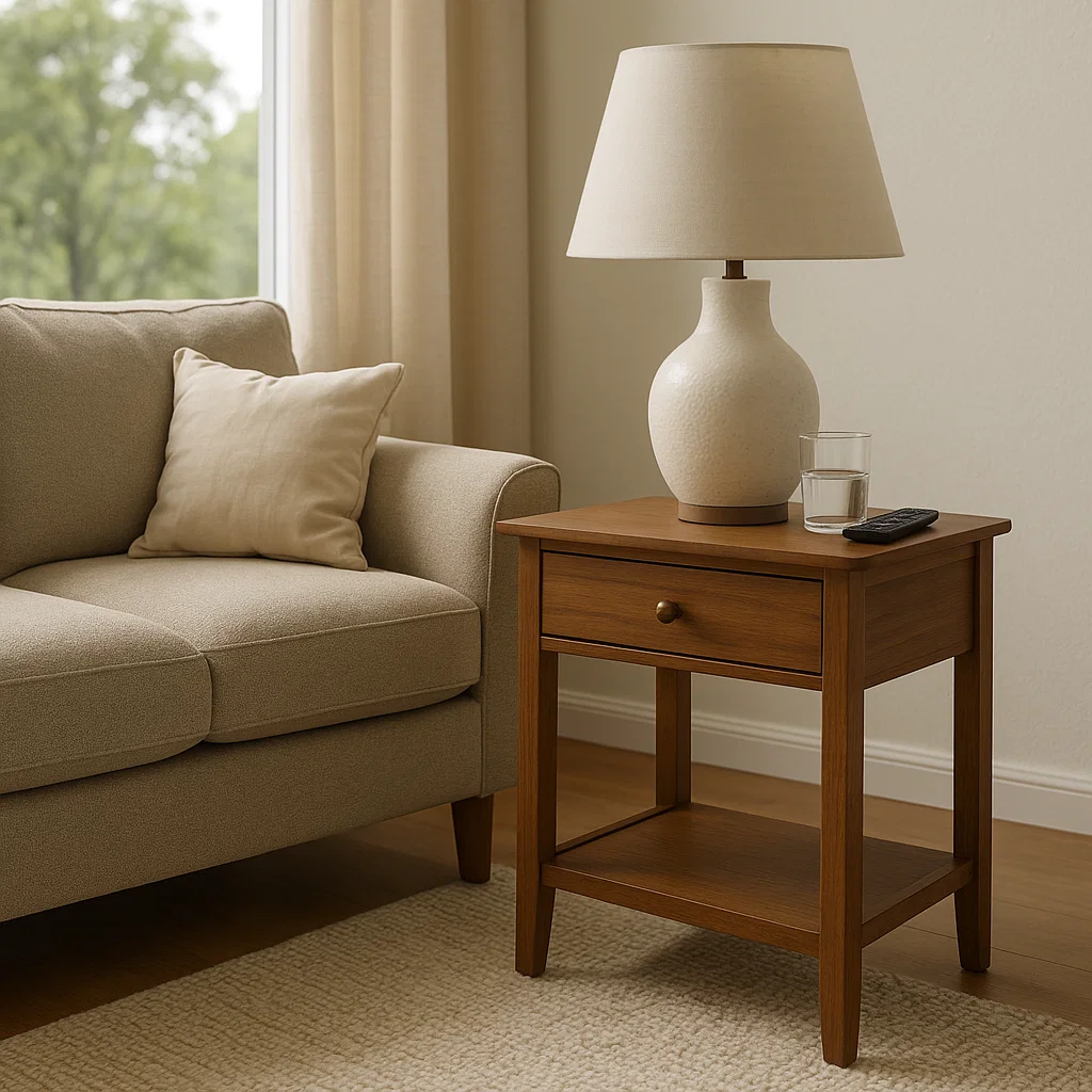 Wooden side table with lamp, glass of water, and TV remote beside sofa.