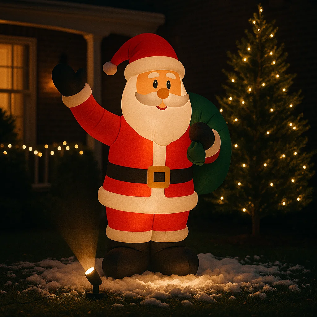 Inflatable Santa with spotlight and Christmas tree in snowy yard.