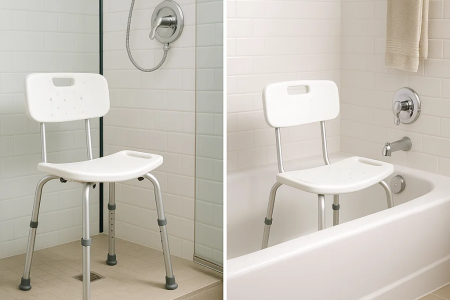 White chair shown in shower and bathtub comparison
