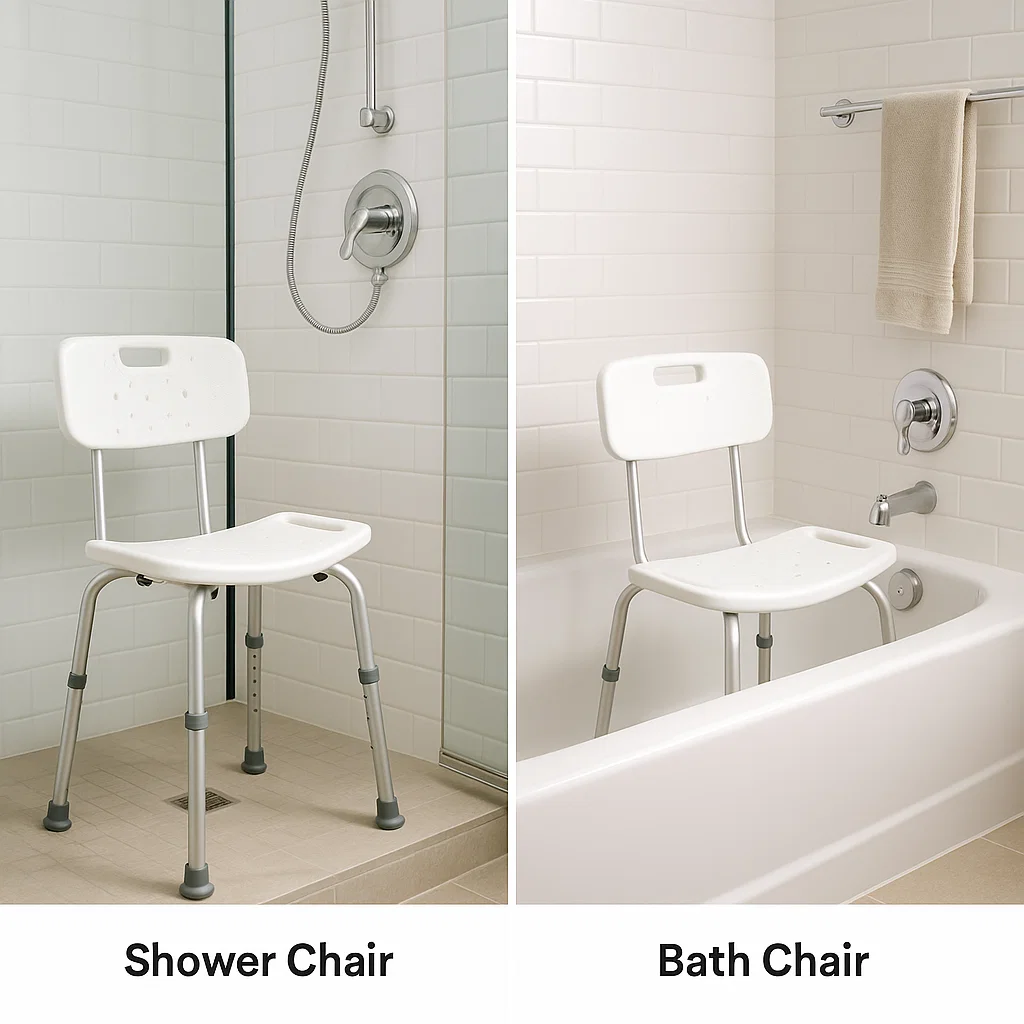 White chair shown in shower and bathtub comparison