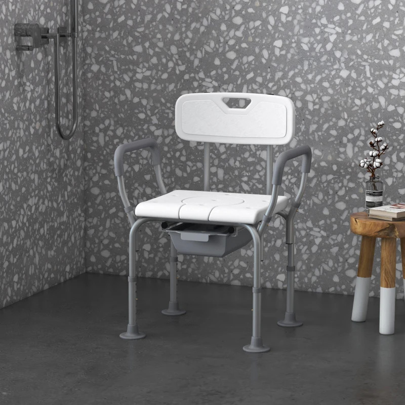 Adjustable shower chair with armrests and commode insert