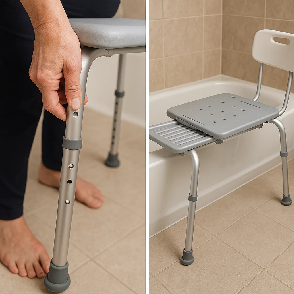 Hand adjusting shower chair leg height with holes