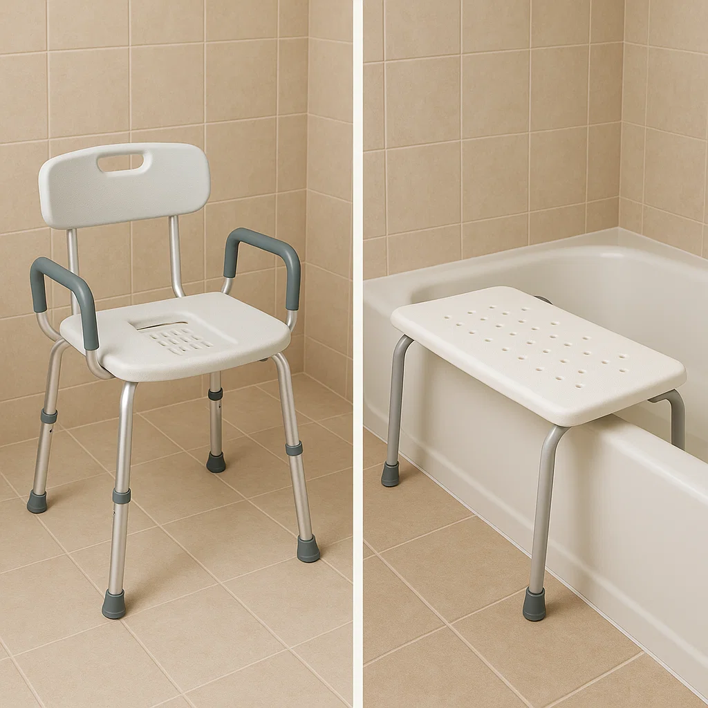 Bath transfer chair with gray arms beside bathtub