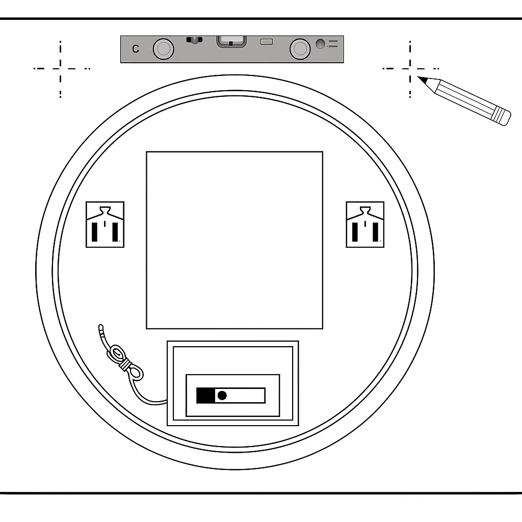 Diagram of mirror placement with pencil markings and level.