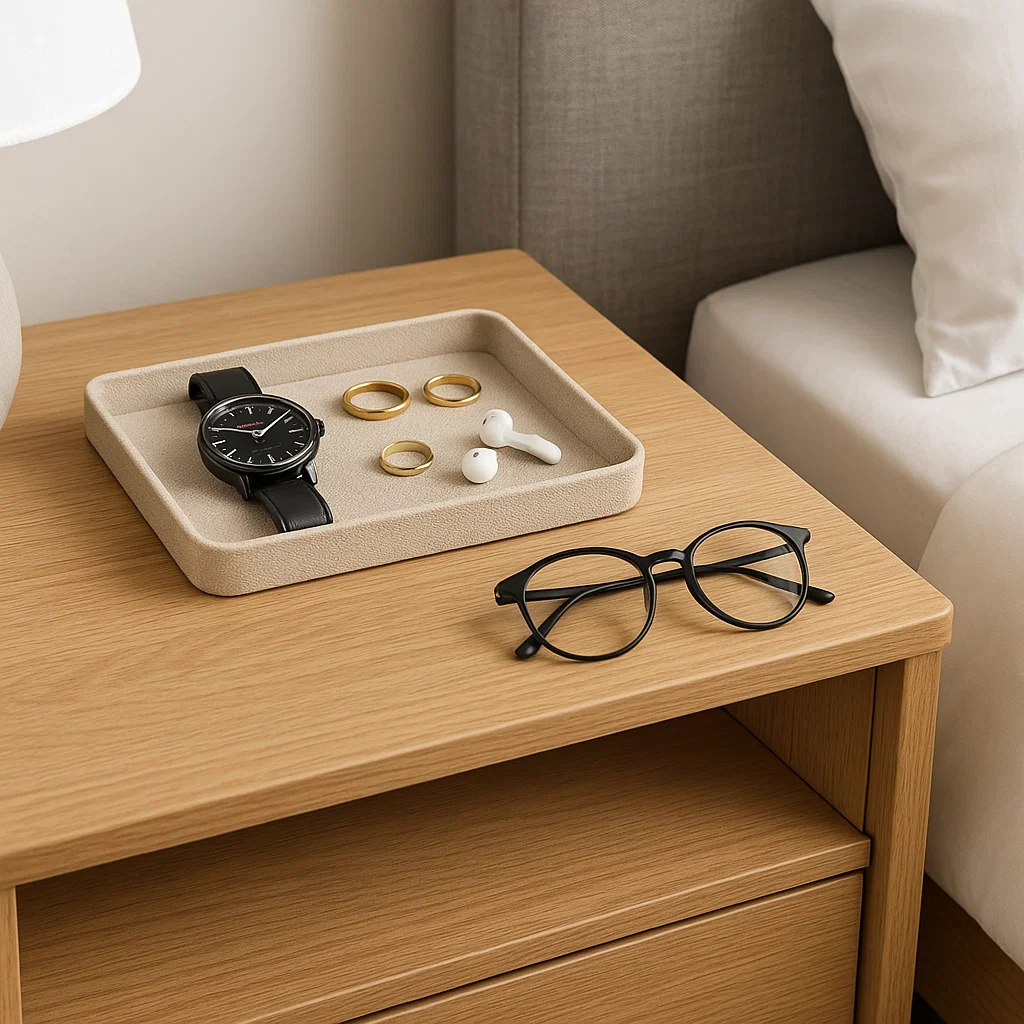 Bedside table with tray holding glasses, wristwatch, earbud, and gold rings.