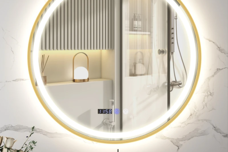 Round LED bathroom mirror with light and digital display.