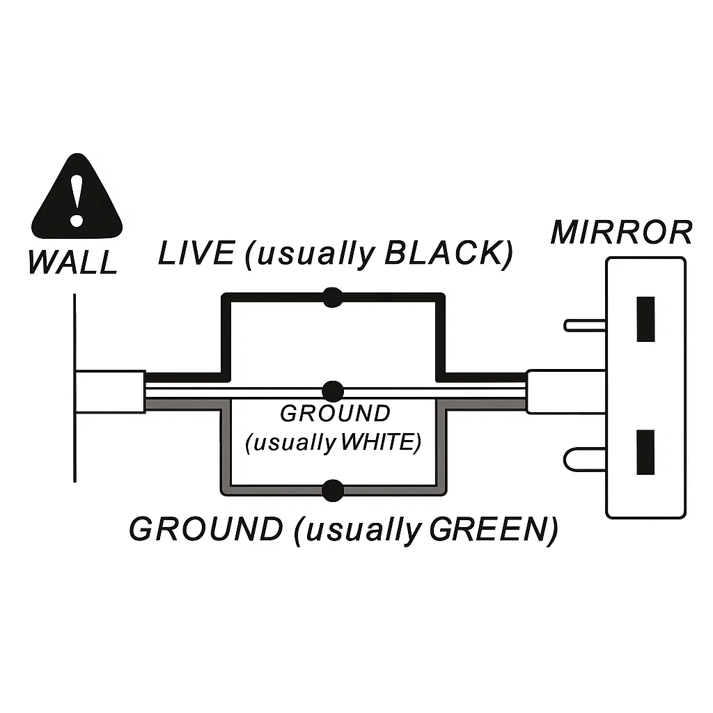 Wiring diagram showing live, ground, and mirror connections.
