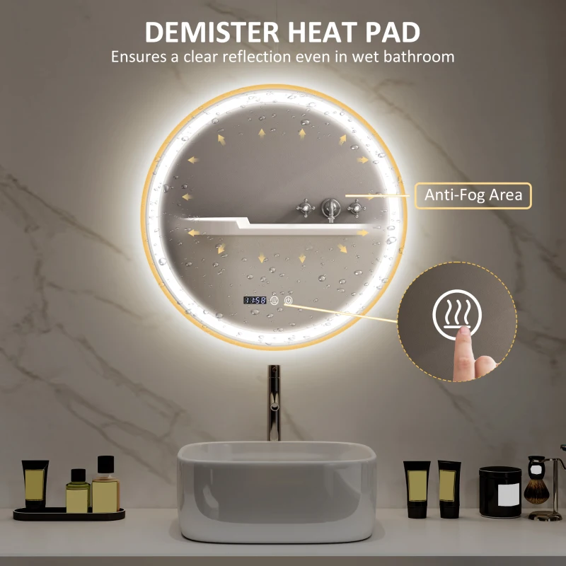 Round LED bathroom mirror with anti-fog heat pad feature.