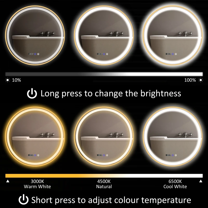 LED bathroom mirror with illuminated frame, time, and temperature.